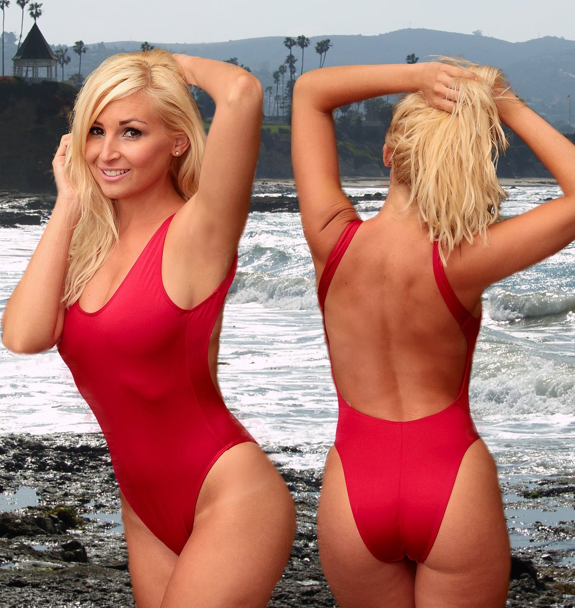 A woman models the Brigitewear International 2Scoops One Piece Swimsuit – Sexy Baywatch on a rocky beach, posing both front and back.