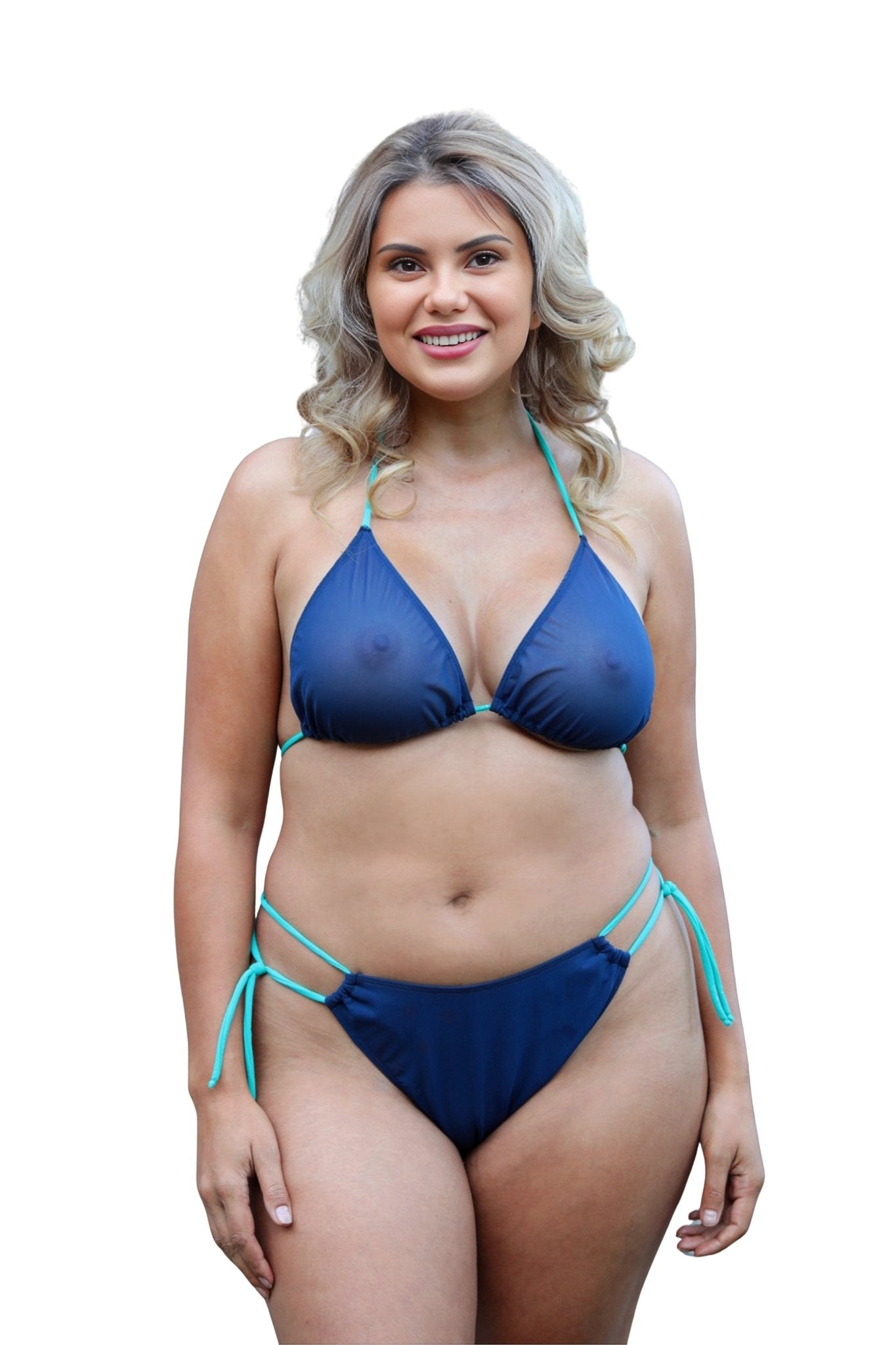 Smiling blonde woman modeling the Bombshell See Through Bikini Top in navy blue, standing against a white background.
