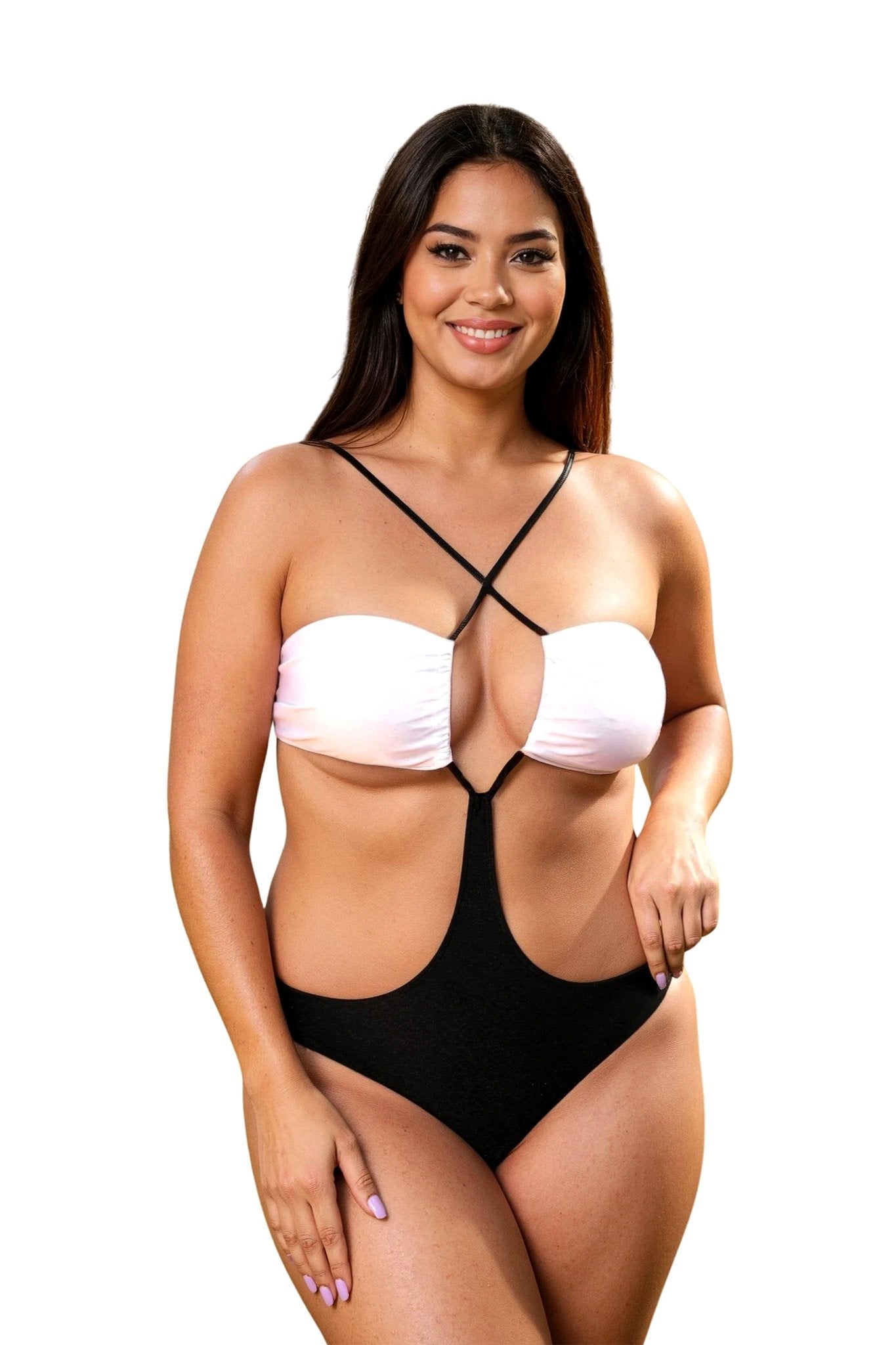 A woman smiles in a Brigitewear International Dynamic Bandeau 1-Piece Thong or Rio swimsuit, featuring a stylish black and white cutout design against a white background.