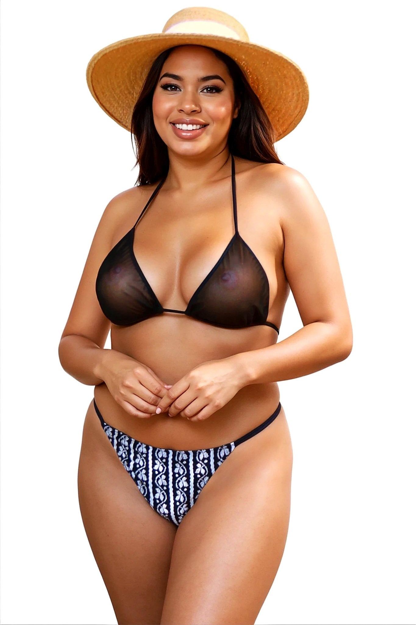 Woman wearing the Inferno See Through Triangle Top by Brigitewear International, LLC, smiling against a plain white background.