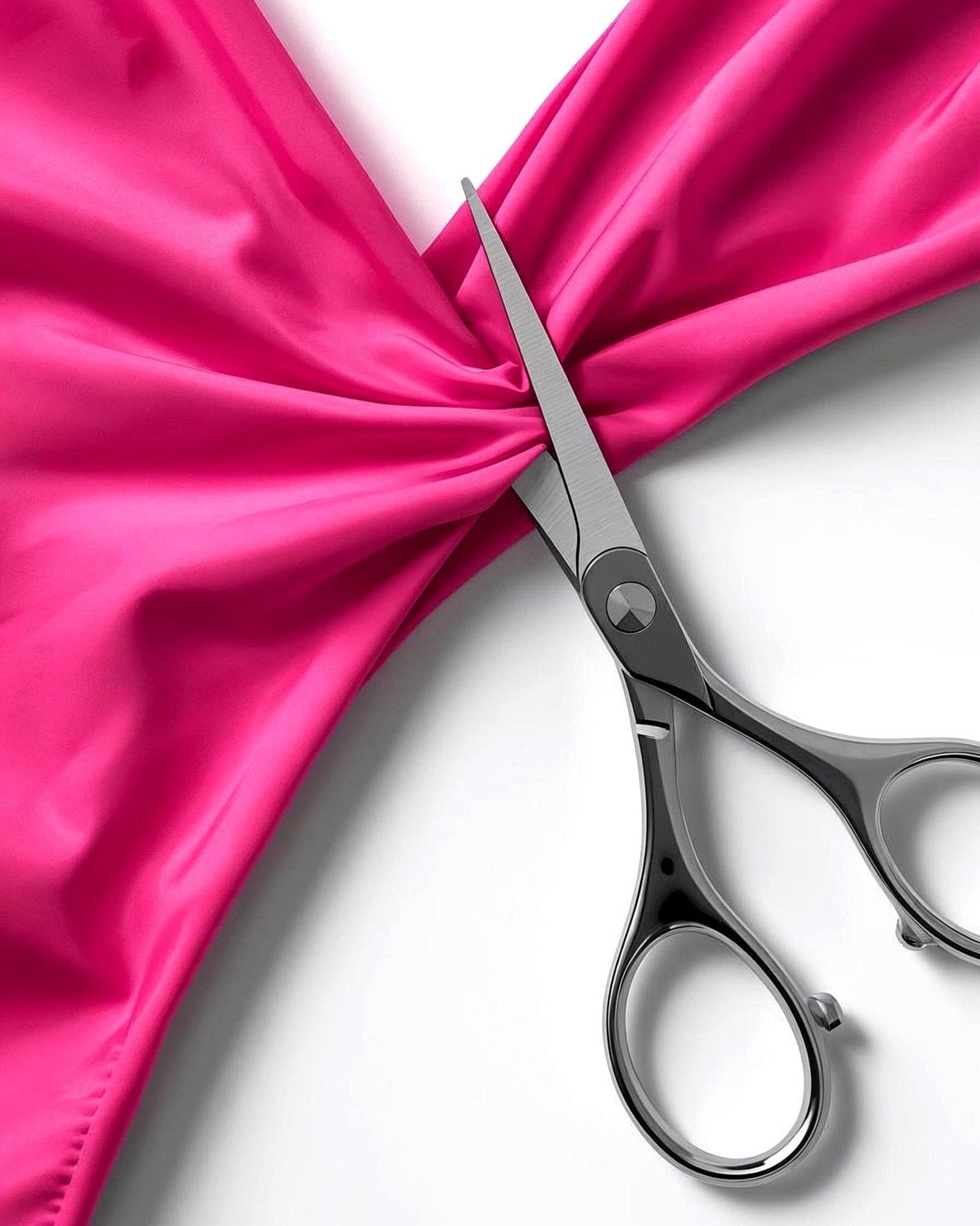 A Brigitewear International, LLC Lining Change Fee – Custom Swimwear Alteration Service pictured with silver scissors cutting bright pink fabric, pulled taut on a white surface.