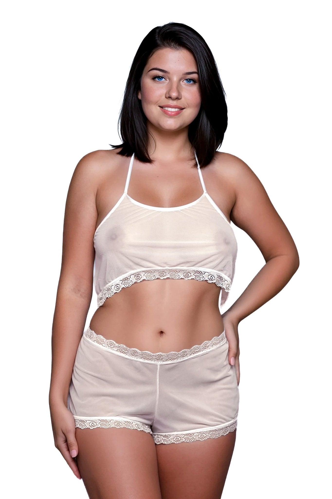 Woman wearing Brigitewear International's Malibu Nights Boy Shorts set, featuring a sheer white lace-trimmed crop top and shorts, standing and smiling against a white background.