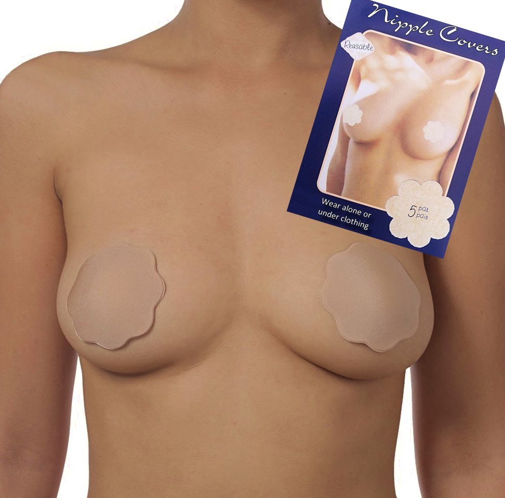 A person wears Brigitewear International, LLC Nipple Covers | Reusable Sheer Accessory, with the product packaging visible in the top right corner.
