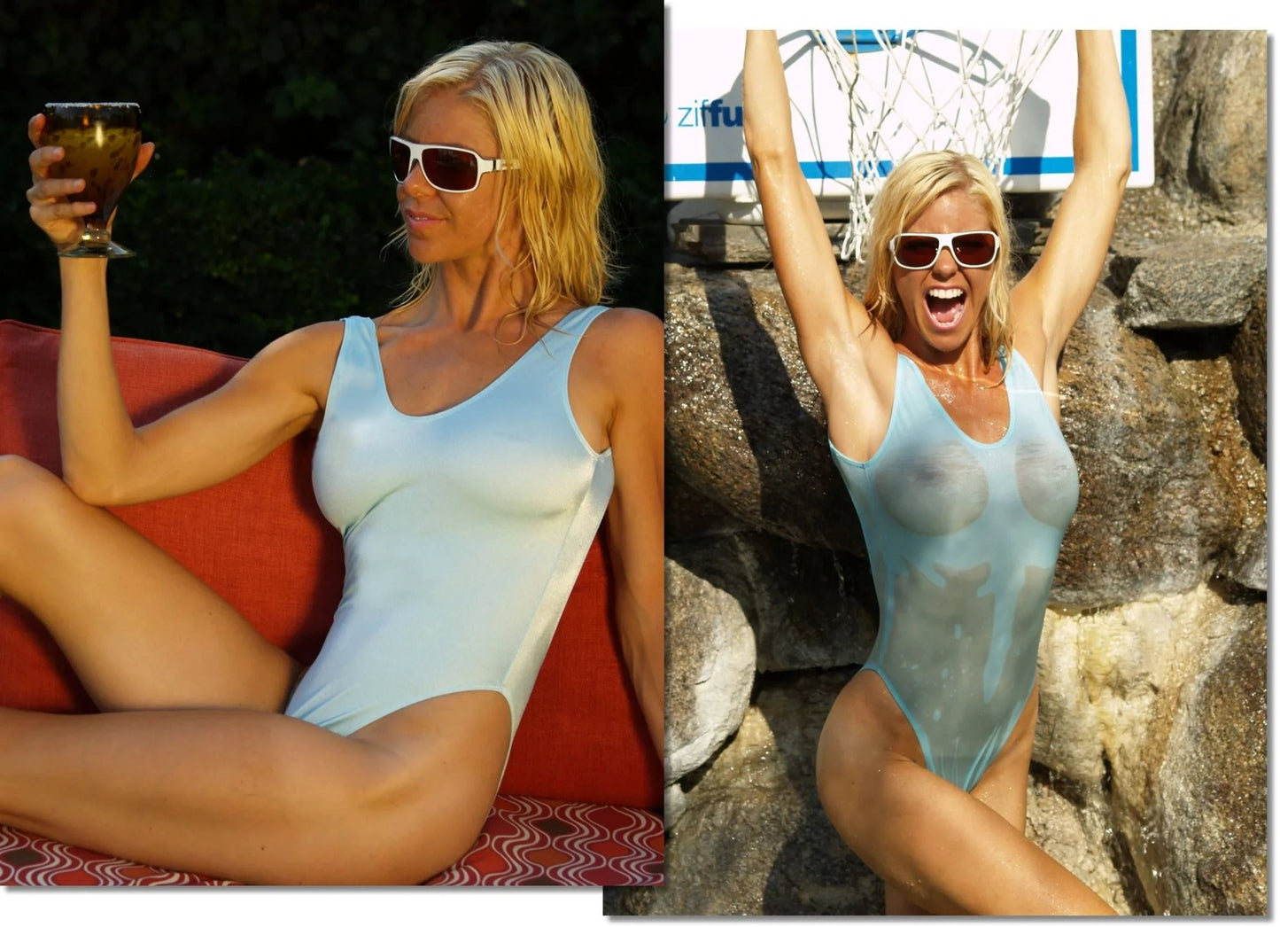 A collage featuring a woman in the Sheer 2Scoops swimsuit by Brigitewear International, LLC.