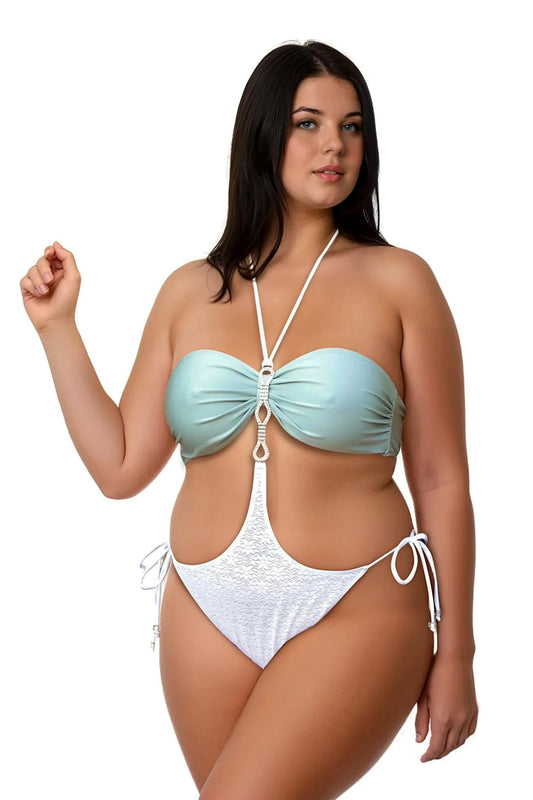 Woman models the Vintage Bandeau Top by Brigitewear International, LLC—a light blue and white monokini with halter straps—against a plain white background.