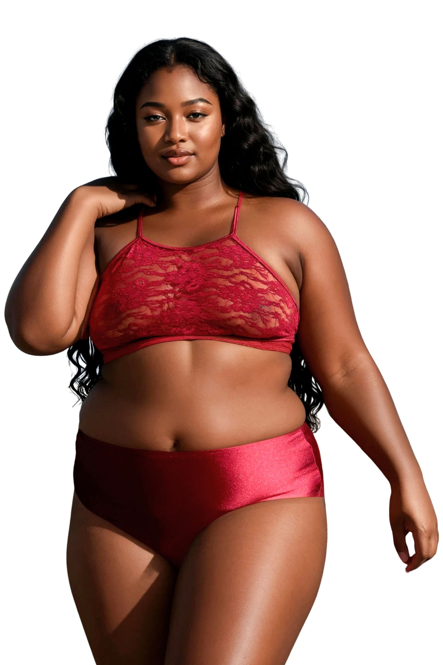 A woman with long hair stands confidently in the Brigitewear International, LLC Merlot Lace Halter Top.