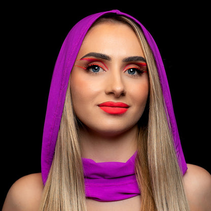 A woman with long blonde hair and bold red makeup poses against a black background, wearing the Brigitewear International, LLC Grape Babe Mesh Hood.