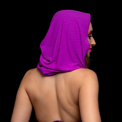 A woman faces away, bare-shouldered, wearing the Brigitewear International, LLC Grape Babe Mesh Hood against a black background.