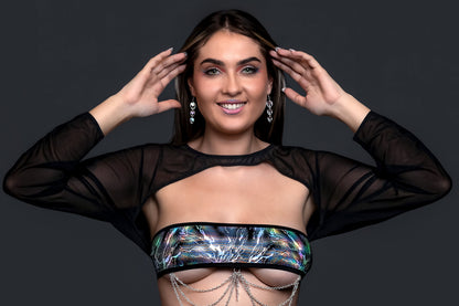 A woman smiles wearing the Brigitewear International, LLC Black Mesh Shrug over a metallic bandeau, styled with dangling earrings and silver chain accents.