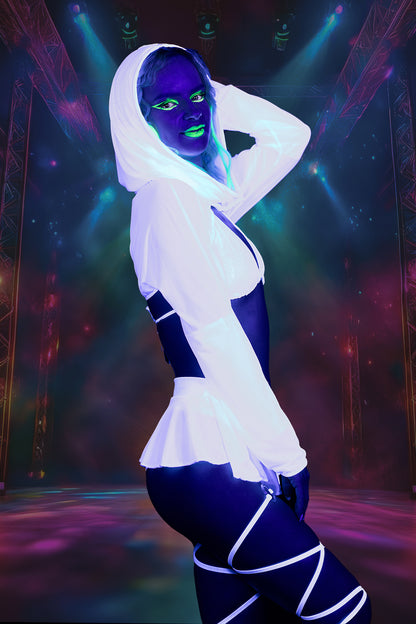 A person wearing the Brigitewear International, LLC White Mesh Hood stands under blacklight on a vibrant, dramatic stage.