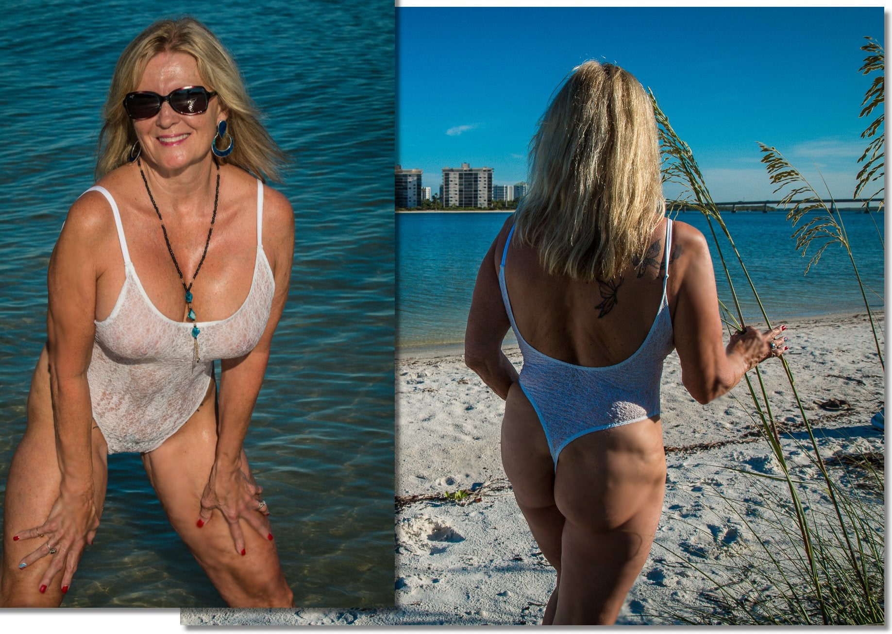A woman in a white swimsuit poses by the water and on the beach under sunny skies.
