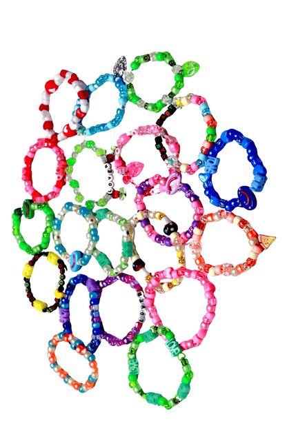 Brigitewear International, LLC Baby’s 1st Kandi Starter Pack for Baby Ravers features colorful beaded bracelets displayed in a loose circle on a white background.