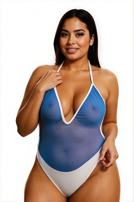 Smiling woman wearing the Sapphire See Through One Piece by Brigitewear International, LLC, posing against a white background.