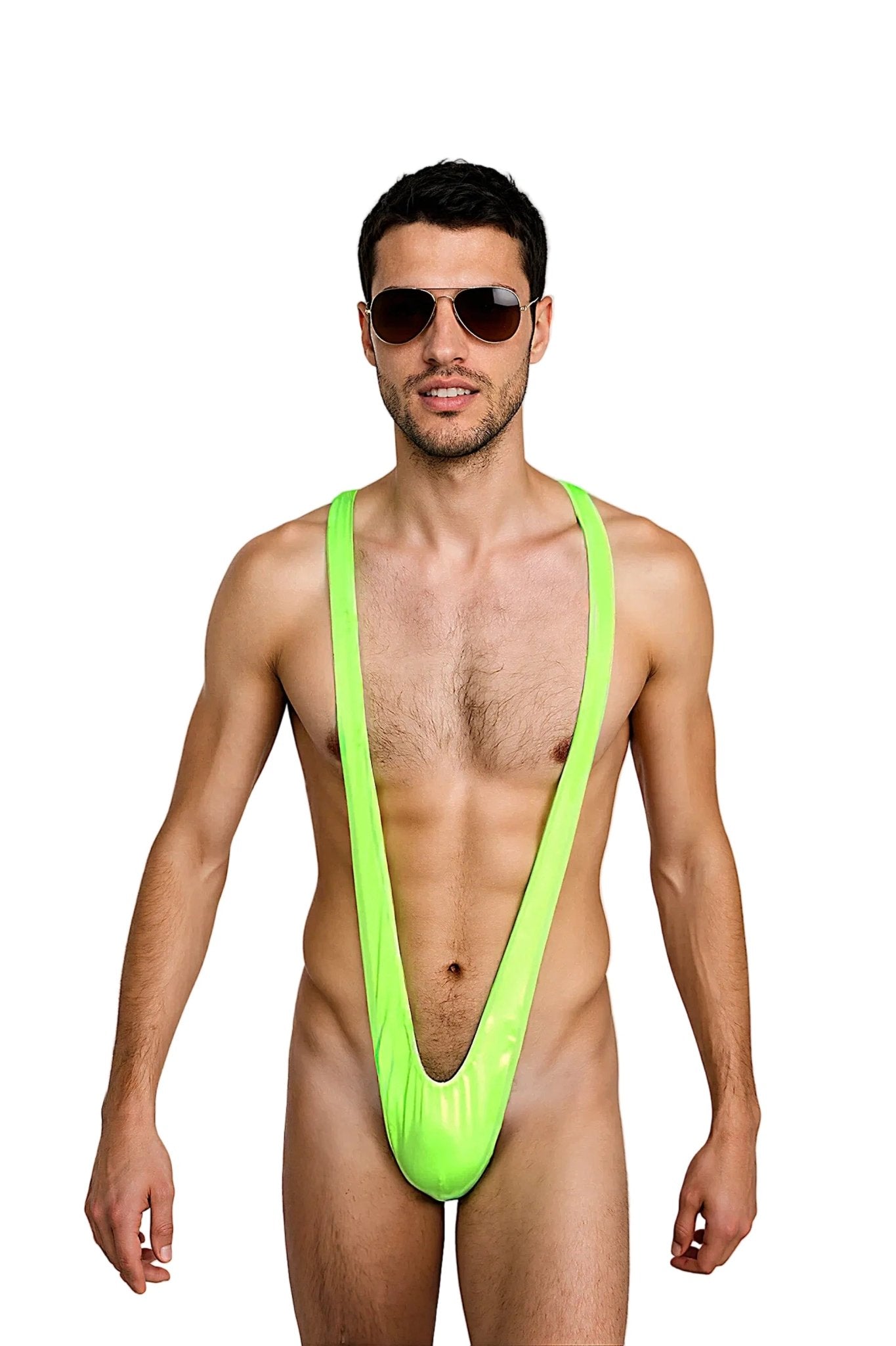 A man models the Brigitewear International, LLC Borat Thong Swimsuit with sunglasses, standing against a plain white background.