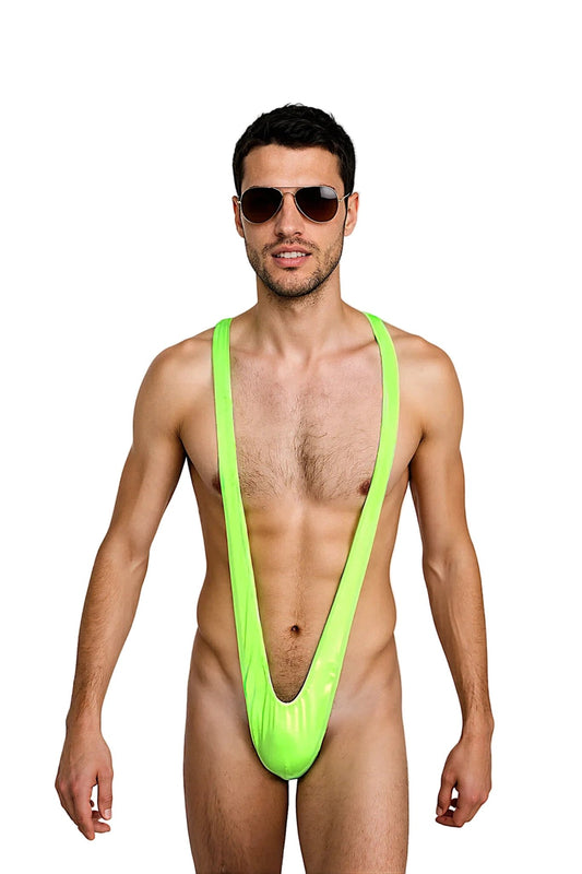 A man models the Brigitewear International, LLC Borat Thong Swimsuit with sunglasses, standing against a plain white background.