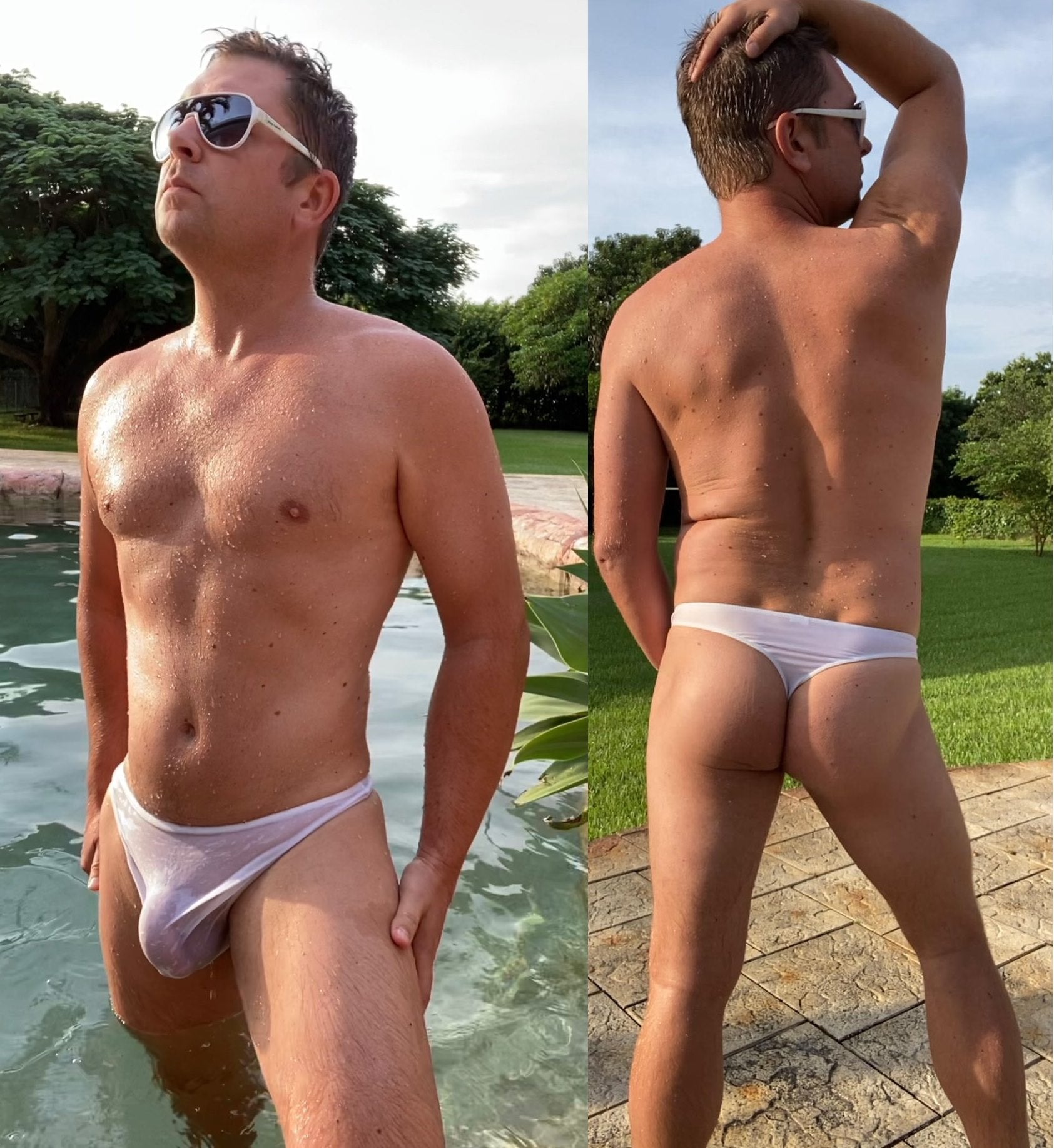 A man wearing sunglasses and a white swimsuit poses by a pool and outdoors, with trees in the background.