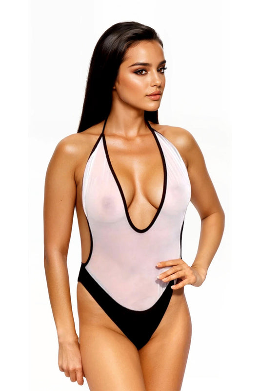 A woman wears the Desire See Through One Piece by Brigitewear International, LLC.