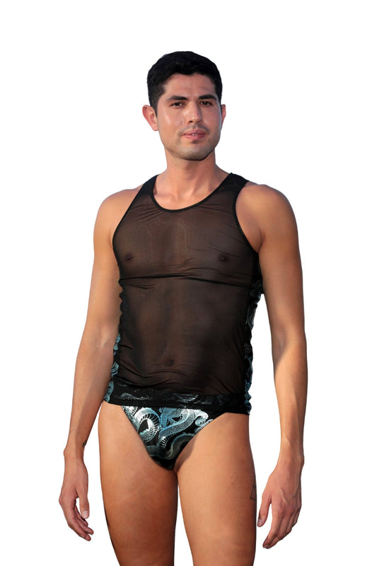 Model wears the Dragon Men’s Tank Top – Sheer Mesh Bold Swimwear by Brigitewear International, LLC with shiny patterned swim briefs, standing against a white background.