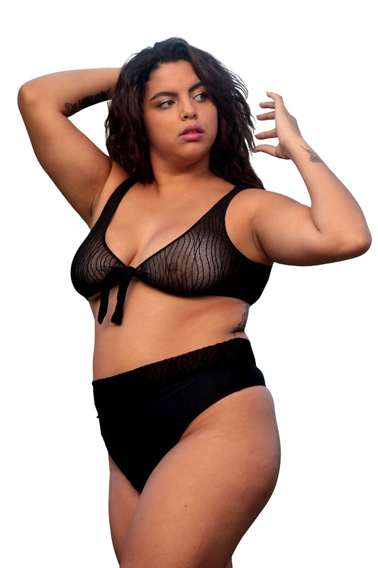 Model wearing the Brigitewear International Front Tie See Through Bikini Top poses confidently against a white background.