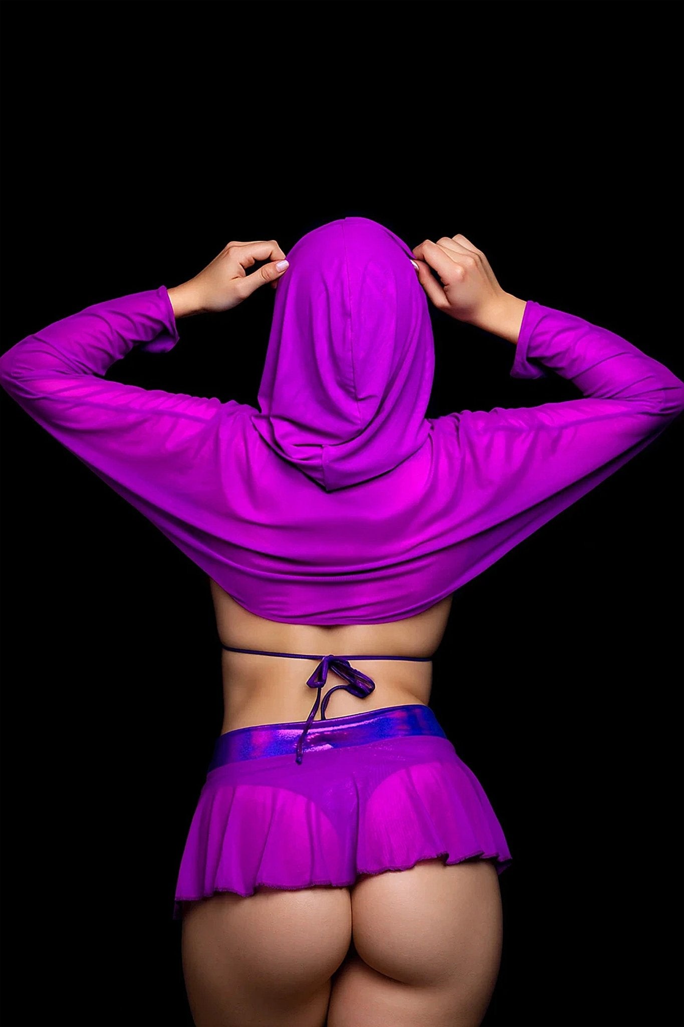 Model wearing the Grape Babe Mesh Hooded Shrug by Brigitewear International, LLC, shown from the back against a black background.