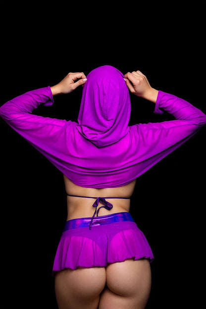 Model wearing the Grape Babe Mesh Hooded Shrug by Brigitewear International, LLC, shown from the back against a black background.