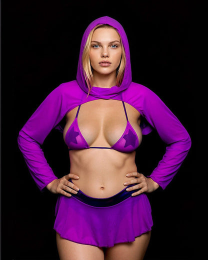 A person wears a Grape Babe Mesh Hooded Shrug, a star-patterned bikini top, and a matching skirt.