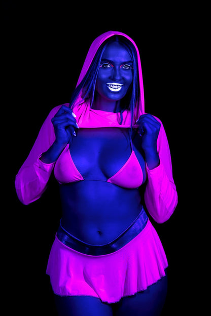 A person models the Brigitewear International, LLC Grape Babe Mesh Micro Triangle Top, standing against a black background.