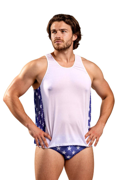 Man wearing the Independence Men's Tank Top by Brigitewear International, LLC, standing with hands on hips against a white background.