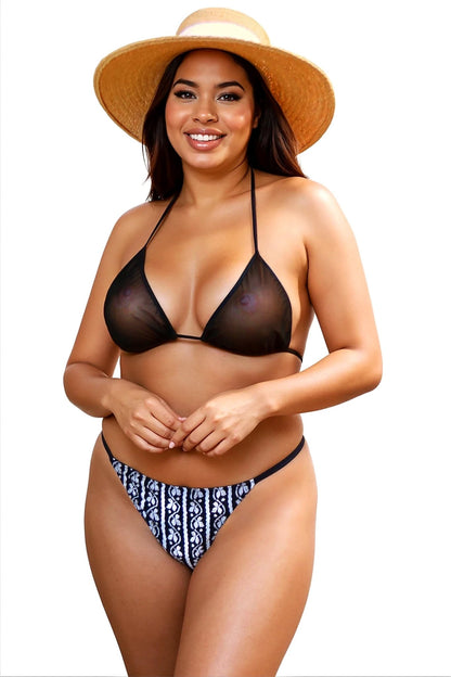 Woman wearing the Inferno See Through Triangle Top by Brigitewear International, LLC, smiling against a plain white background.