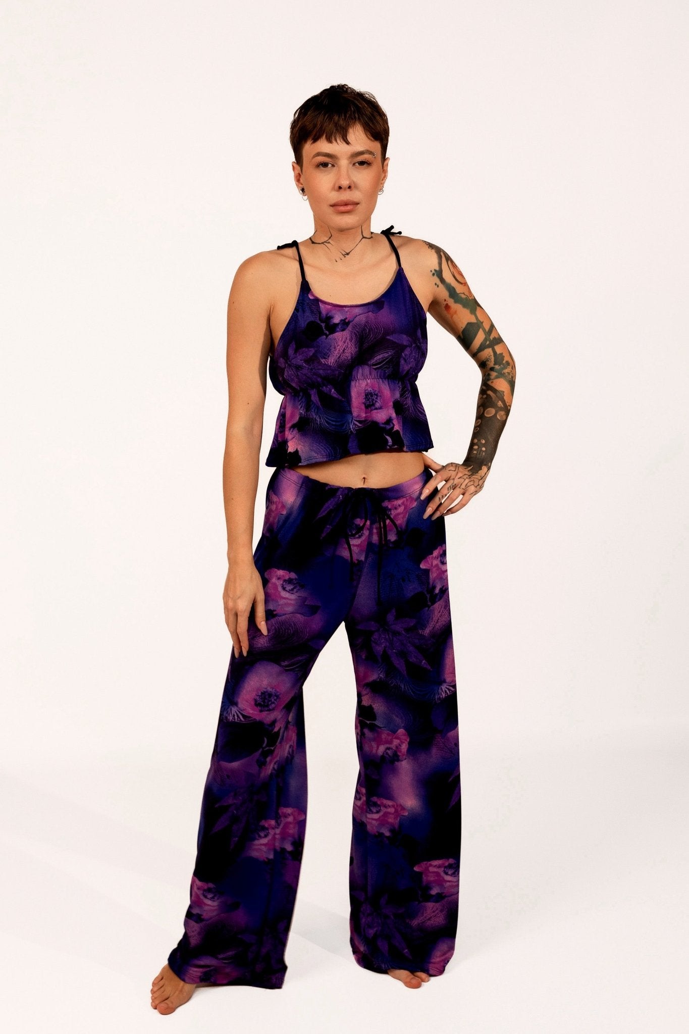 Model wearing the Long Loungewear Top-Soft & Cozy by Brigitewear International, LLC, barefoot against a plain light background.