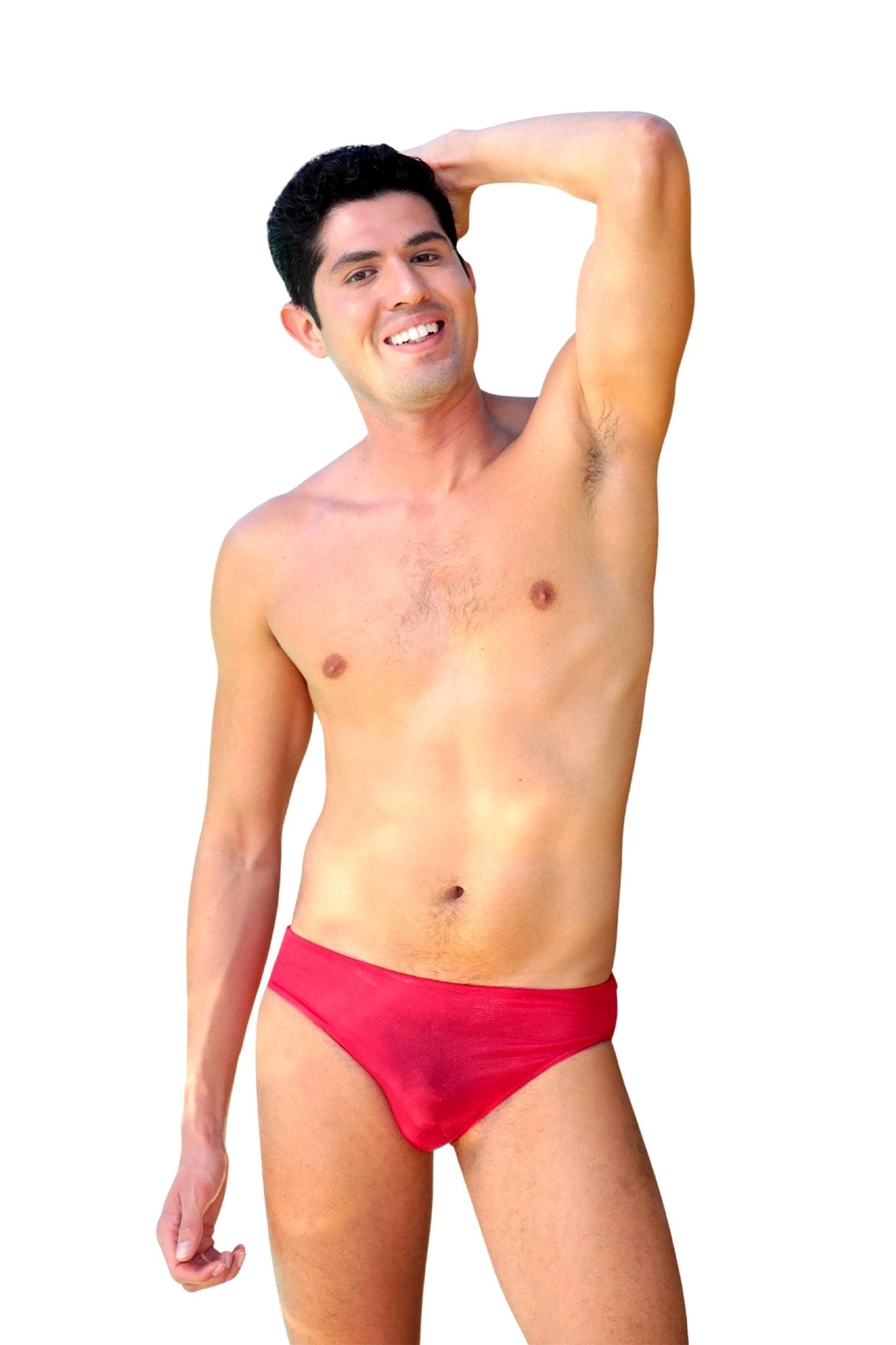A smiling man models Brigitewear International, LLC’s Men's Sheer Bravado: Bold & Confident Style swim briefs, striking a pose with one arm raised against a white background.
