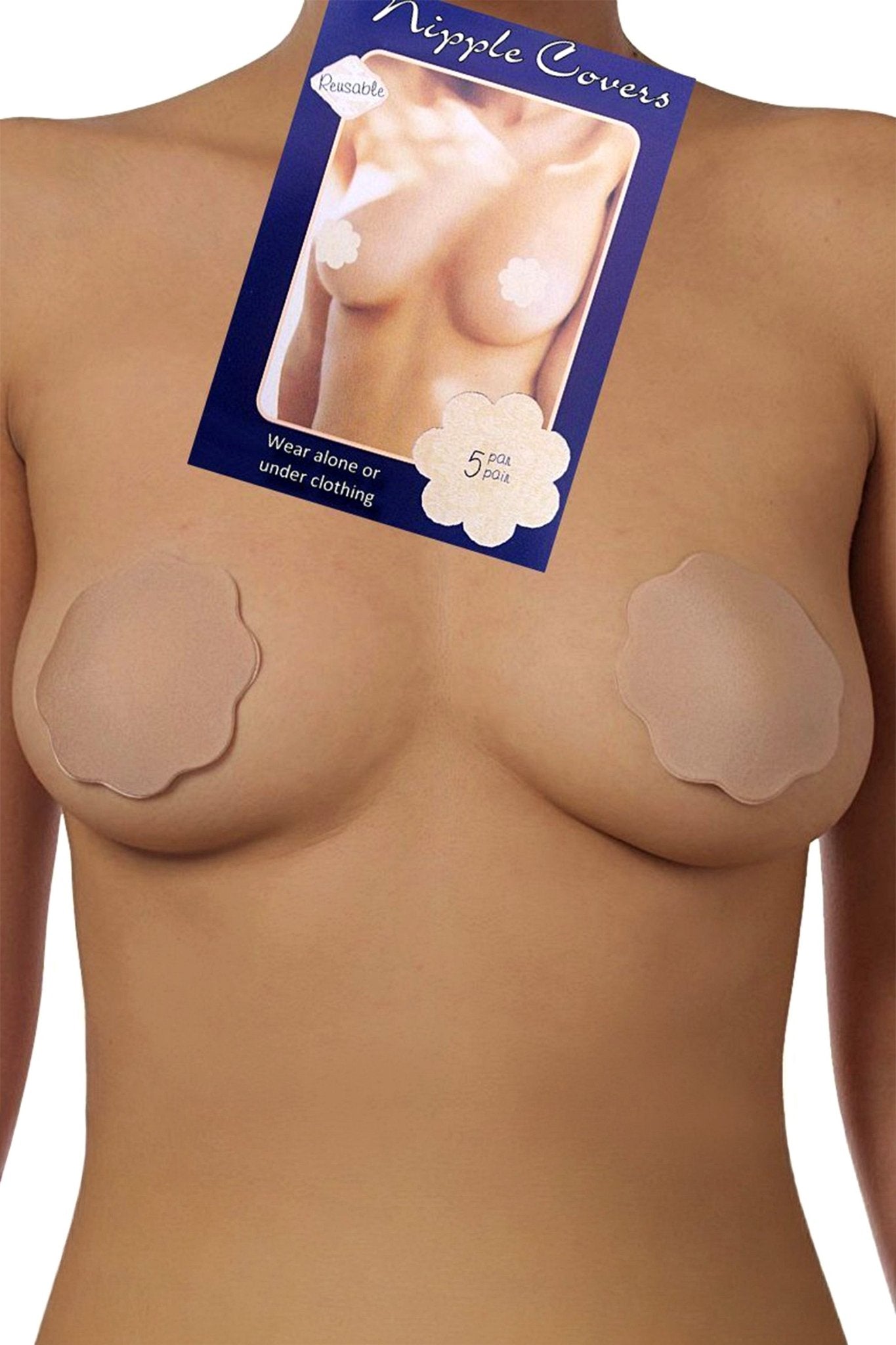 A person wears Brigitewear International, LLC's Nipple Covers | Reusable Sheer Accessory, with the product packaging displayed above the chest area.