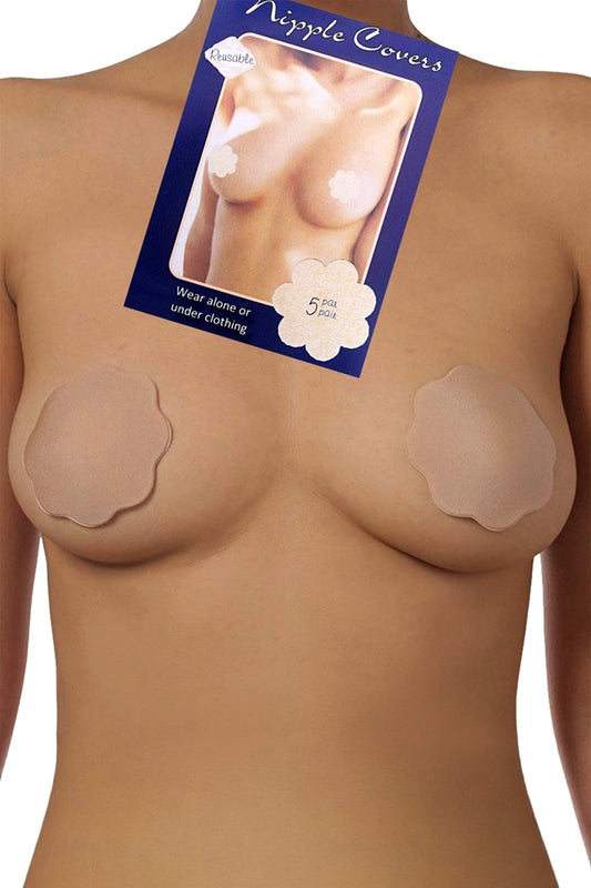 A person wears Brigitewear International, LLC's Nipple Covers | Reusable Sheer Accessory, with the product packaging displayed above the chest area.