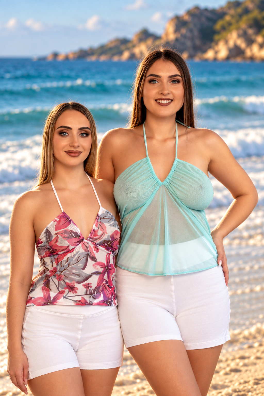 Two women wearing the Plunge Top Aqua by Brigitewear International, LLC stand on a sandy beach with the ocean and hills in the background.