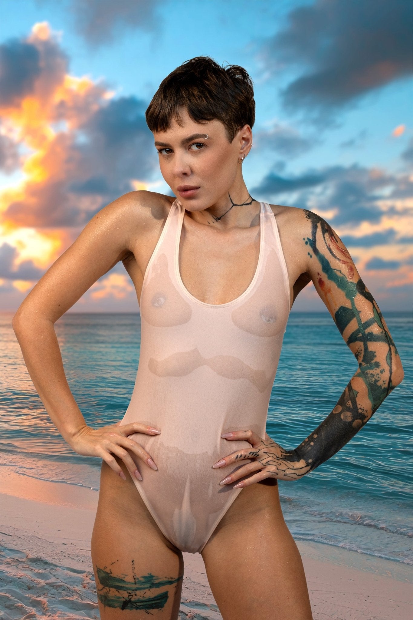 A tattooed woman stands on a beach at sunset, hands on hips, wearing the Sheer 2Scoops - See Through One Piece by Brigitewear International, LLC, with a cloudy sky behind her.