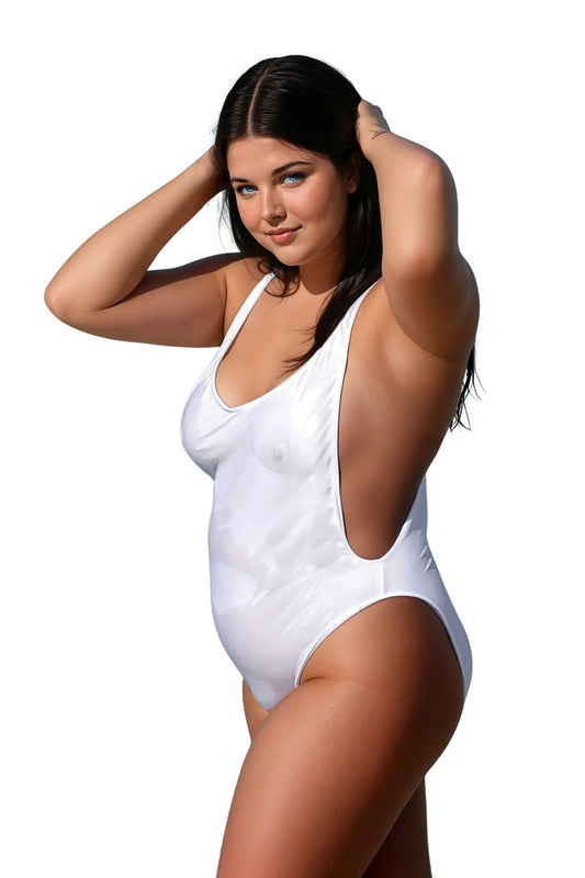 A woman with long dark hair poses against a white background wearing the Brigitewear International, LLC Side Boob Rio Swimsuit, hands in her hair.