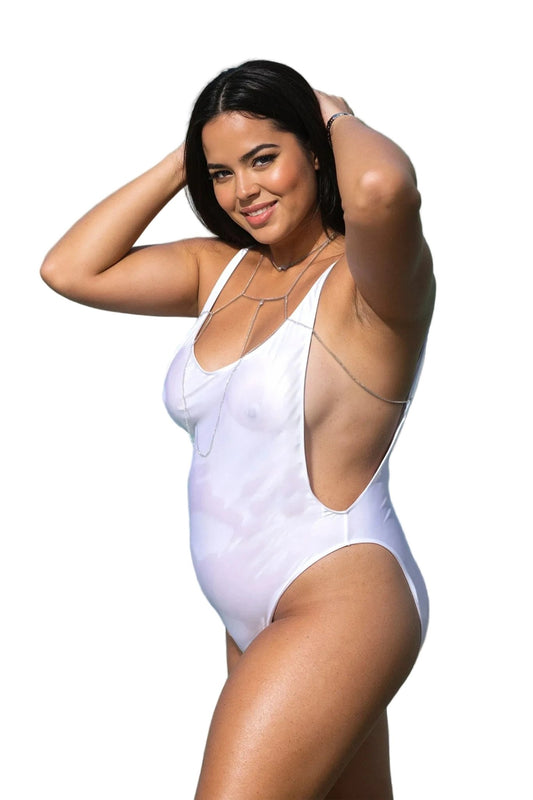 Model wearing the Side Boob Rio Swimsuit by Brigitewear International, LLC poses with hands behind her head, smiling against a white background.