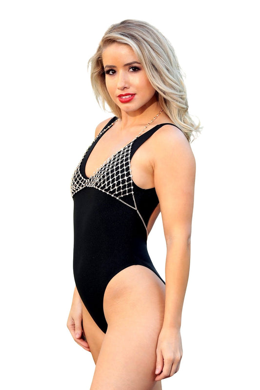 Woman with blonde hair wearing the Brigitewear International Sparkling Rhinestone Bikini Chain Top.