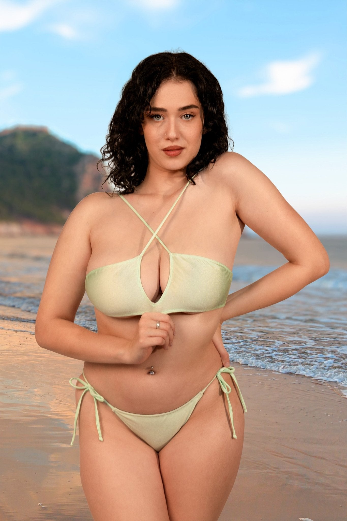Woman wearing the Teardrop Bikini Top by Brigitewear International